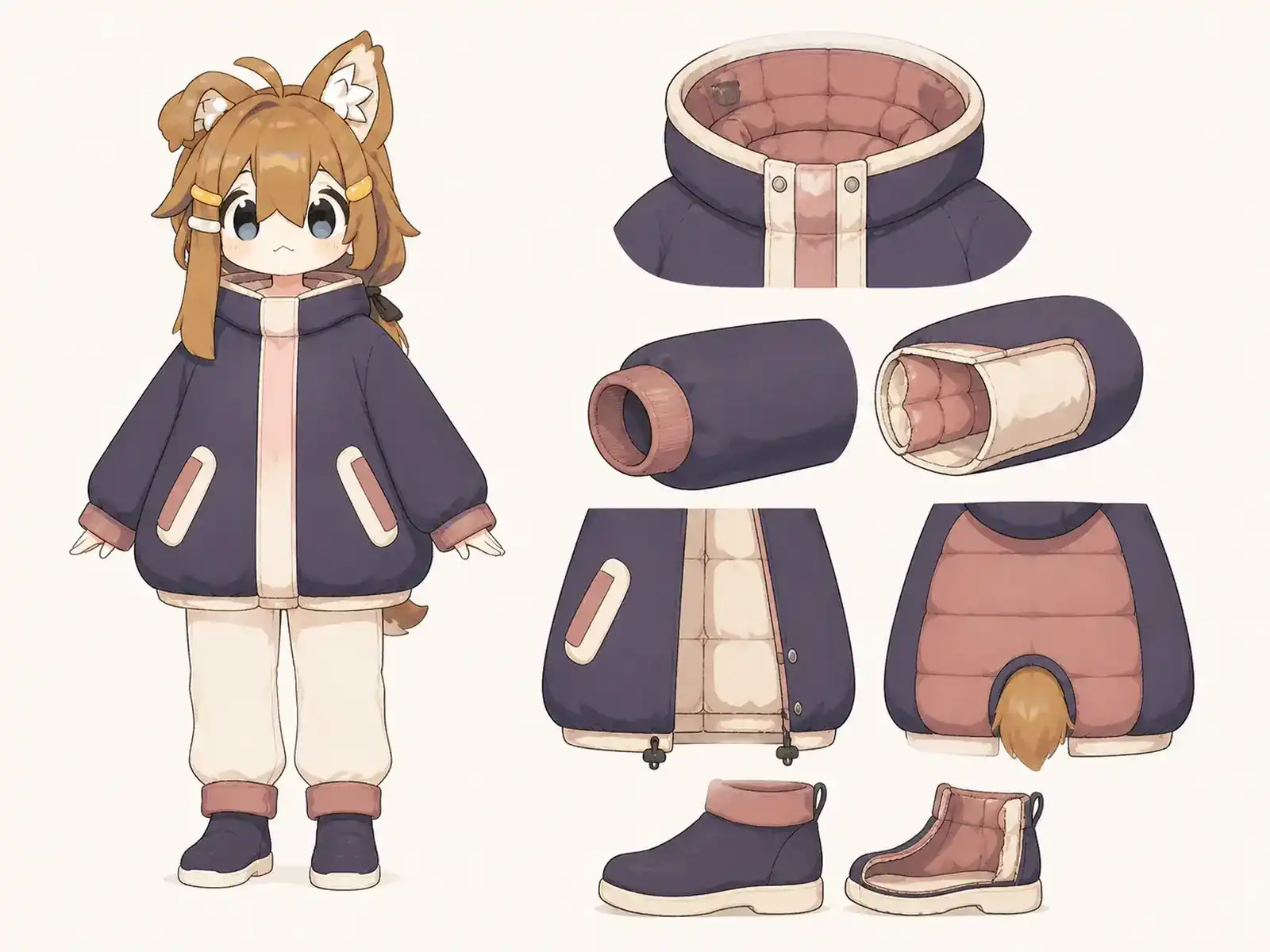 星空ピクニックの保温服の衣装設定画。着用全身と首元、腰の留め具、裾・靴・尾口の構造図。