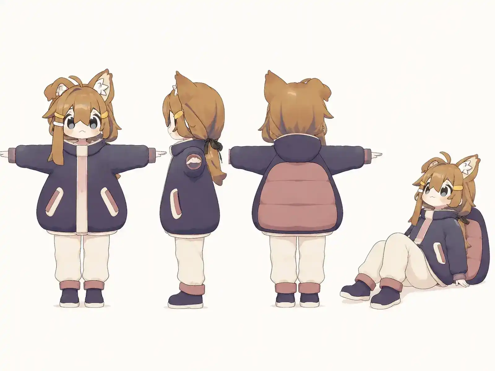 星空ピクニックの保温服を着た低身長ユニセックスモデルの正面、左側面、背面、任意ポーズを左から並べた衣装設計図。