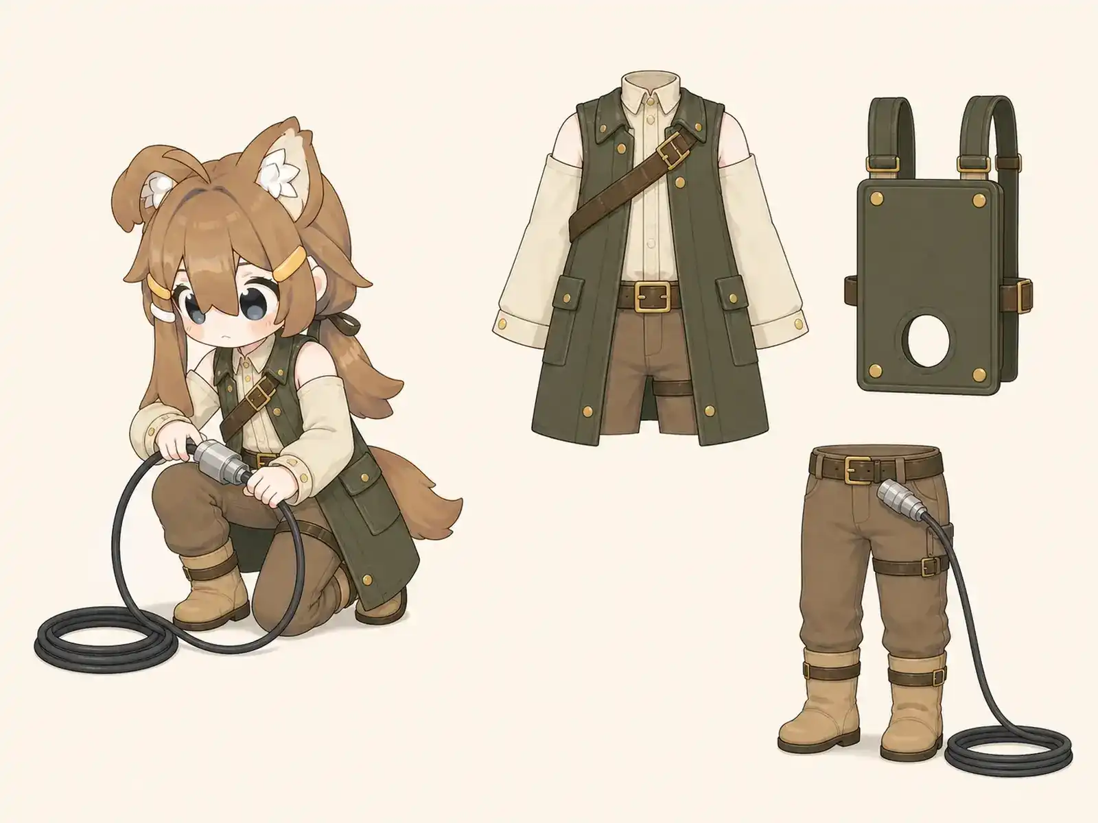 草原ケーブル中継技師服の衣装設定画。着用全身と首元、腰の留め具、裾・靴・尾口の構造図。