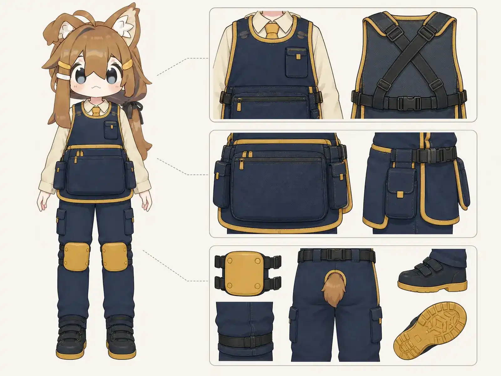 草原観測所連絡服の衣装設定画。着用全身と首元、腰の留め具、裾・靴・尾口の構造図。
