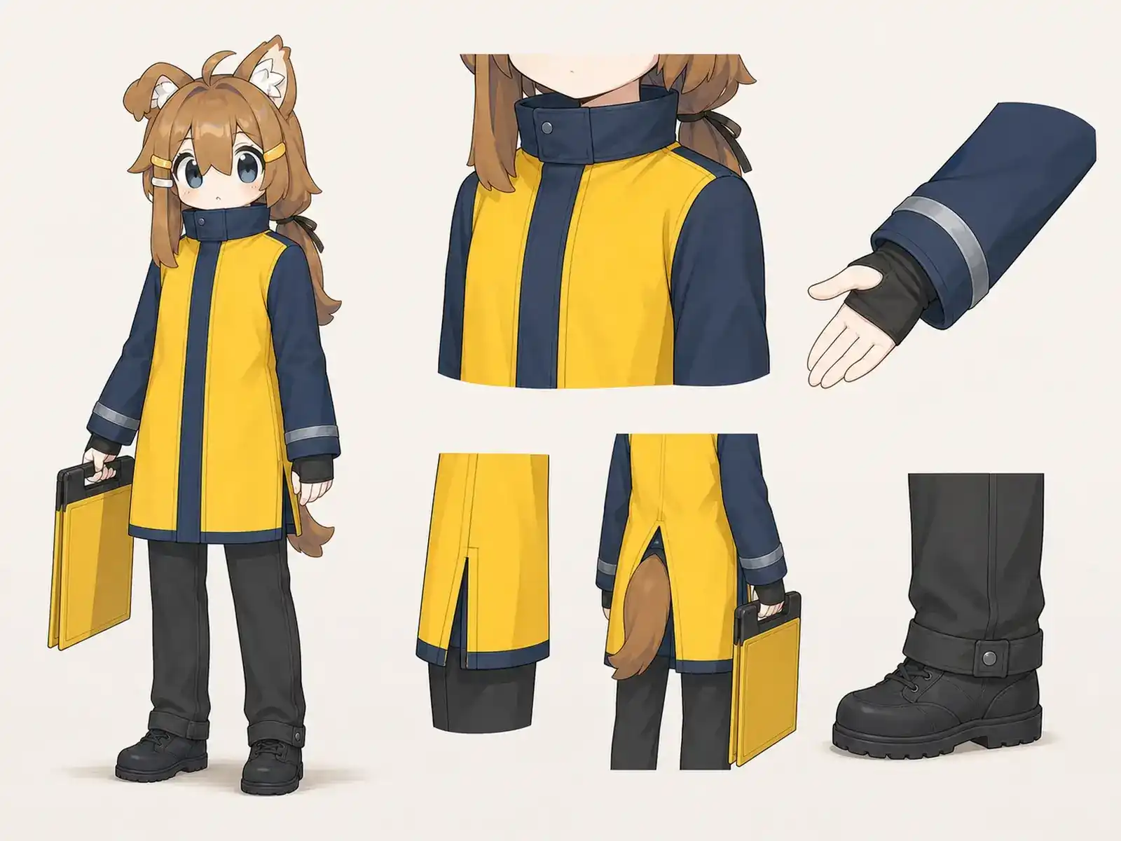 地下鉄ホーム保全の指揮服の衣装設定画。着用全身と首元、腰の留め具、裾・靴・尾口の構造図。