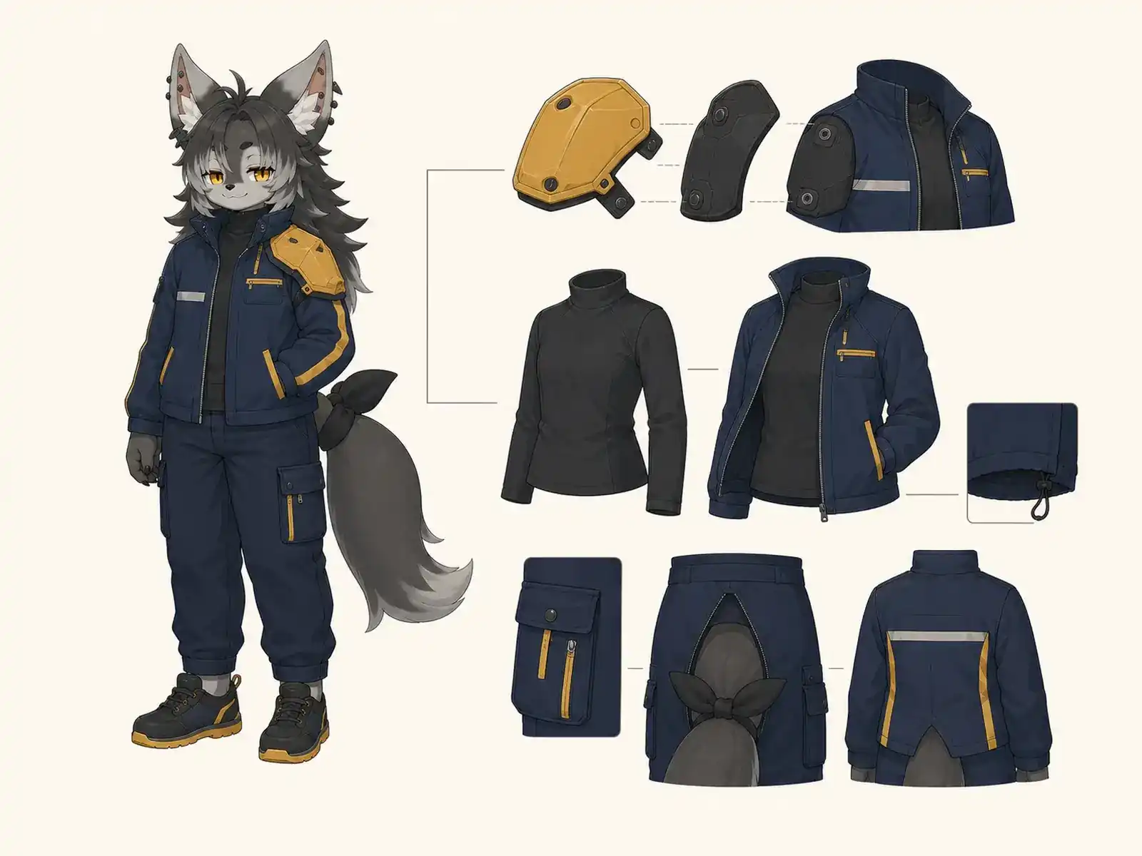 地下鉄折返し監督服の衣装設定画。着用全身と首元、腰の留め具、裾・靴・尾口の構造図。