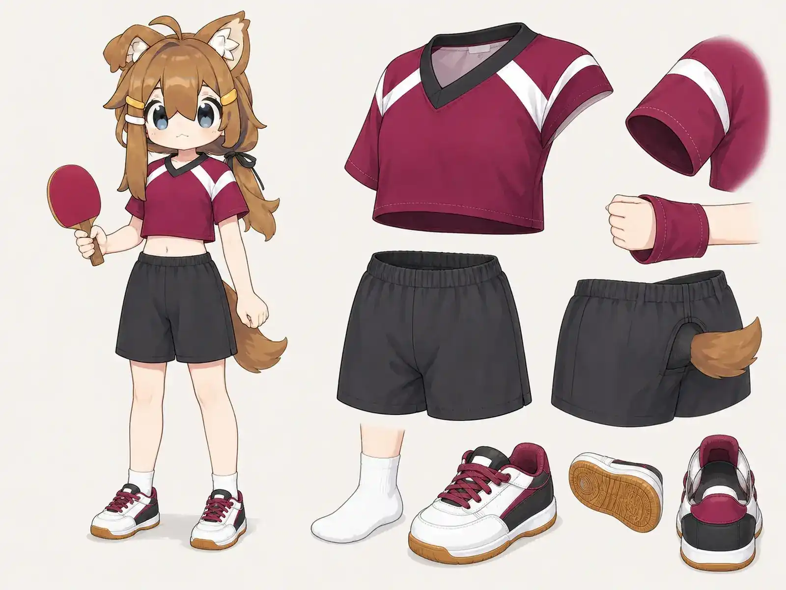 卓球の反復練習服の衣装設定画。着用全身と首元、腰の留め具、裾・靴・尾口の構造図。