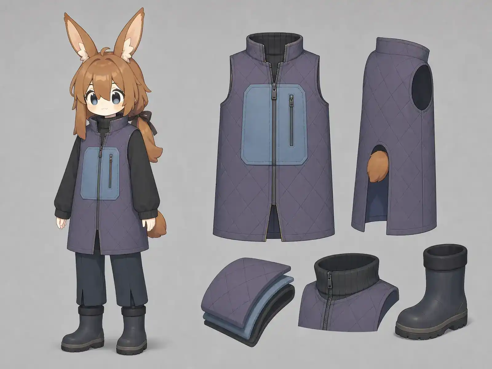 タイガ鉄道アーカイブ服の衣装設定画。着用全身と首元、腰の留め具、裾・靴・尾口の構造図。