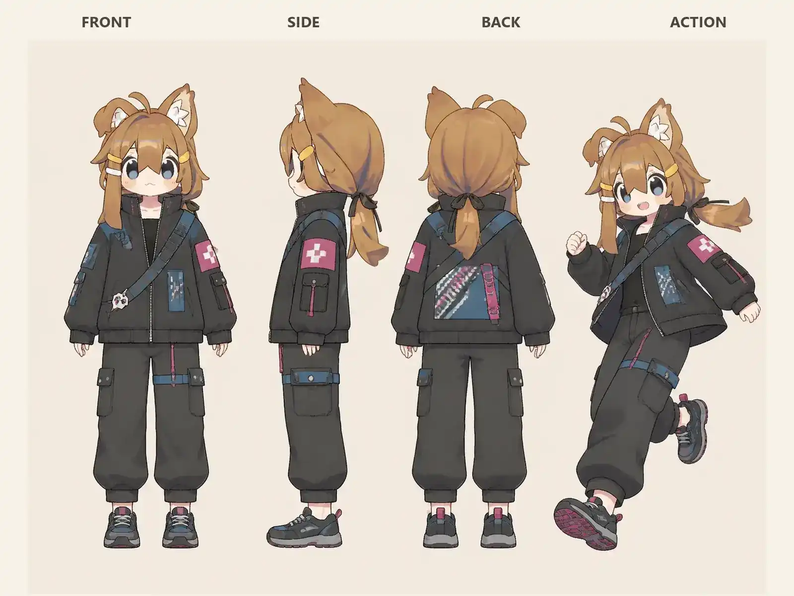 ゲーム街の装飾ジャケット — 東京ストリート交差編集を着た低身長ユニセックスモデルの正面、左側面、背面、任意ポーズを左から並べた衣装設計図。