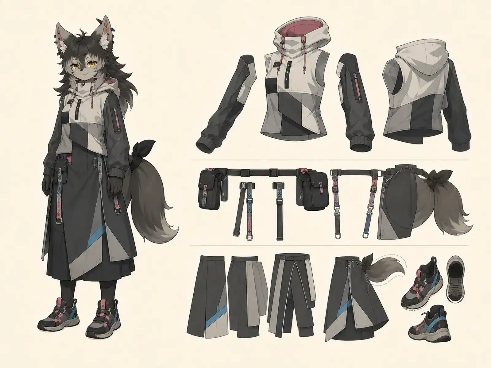 ギャラリー巡回の単色服 — 東京ストリート交差編集の衣装設定画。着用全身と首元、腰の留め具、裾・靴・尾口の構造図。