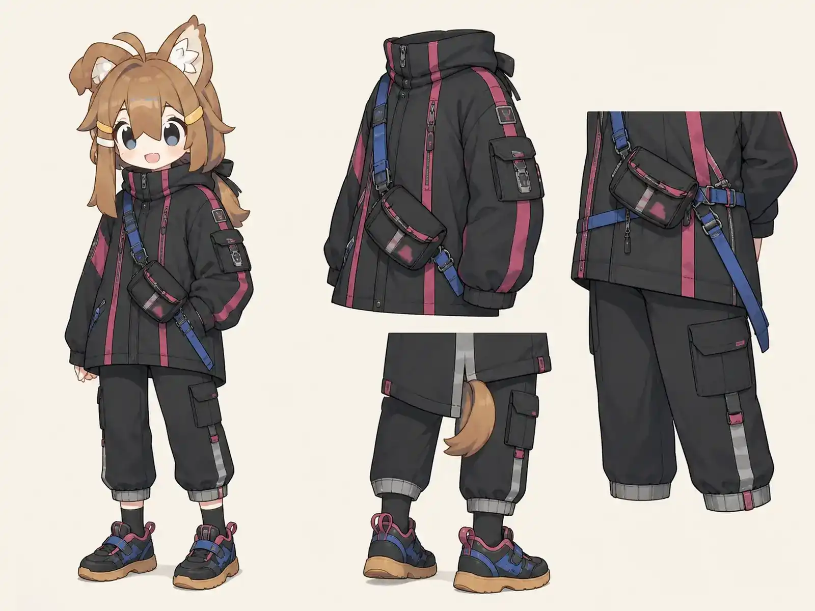 夜間自転車のポップギア — 東京ストリート交差編集の衣装設定画。着用全身と首元、腰の留め具、裾・靴・尾口の構造図。