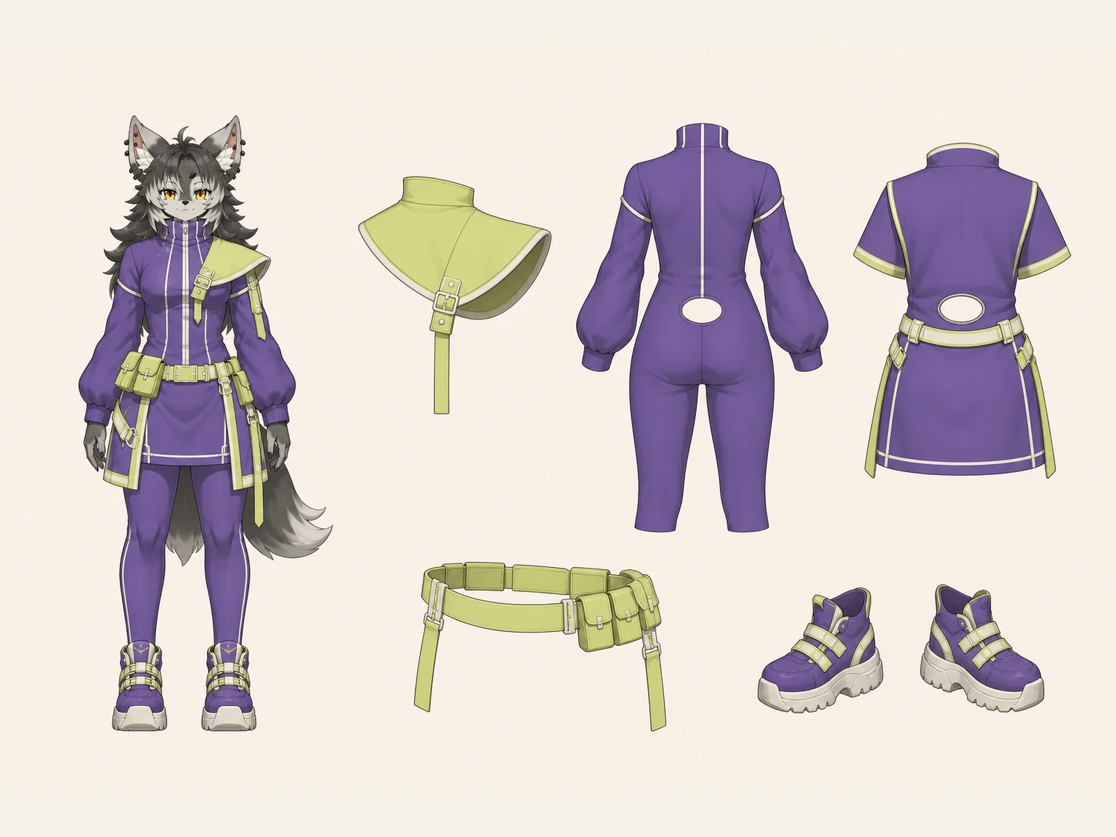 屋上クラブの防風服 — 東京ストリート交差編集の衣装設定画。着用全身と首元、腰の留め具、裾・靴・尾口の構造図。