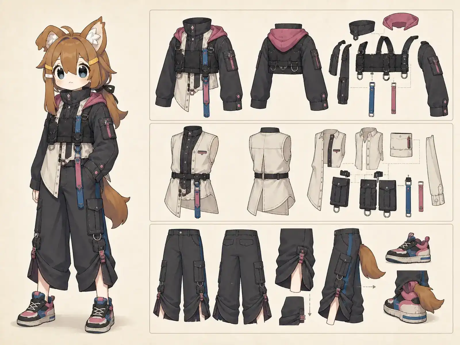 駅階段のレイヤード服 — 東京ストリート交差編集の衣装設定画。着用全身と首元、腰の留め具、裾・靴・尾口の構造図。