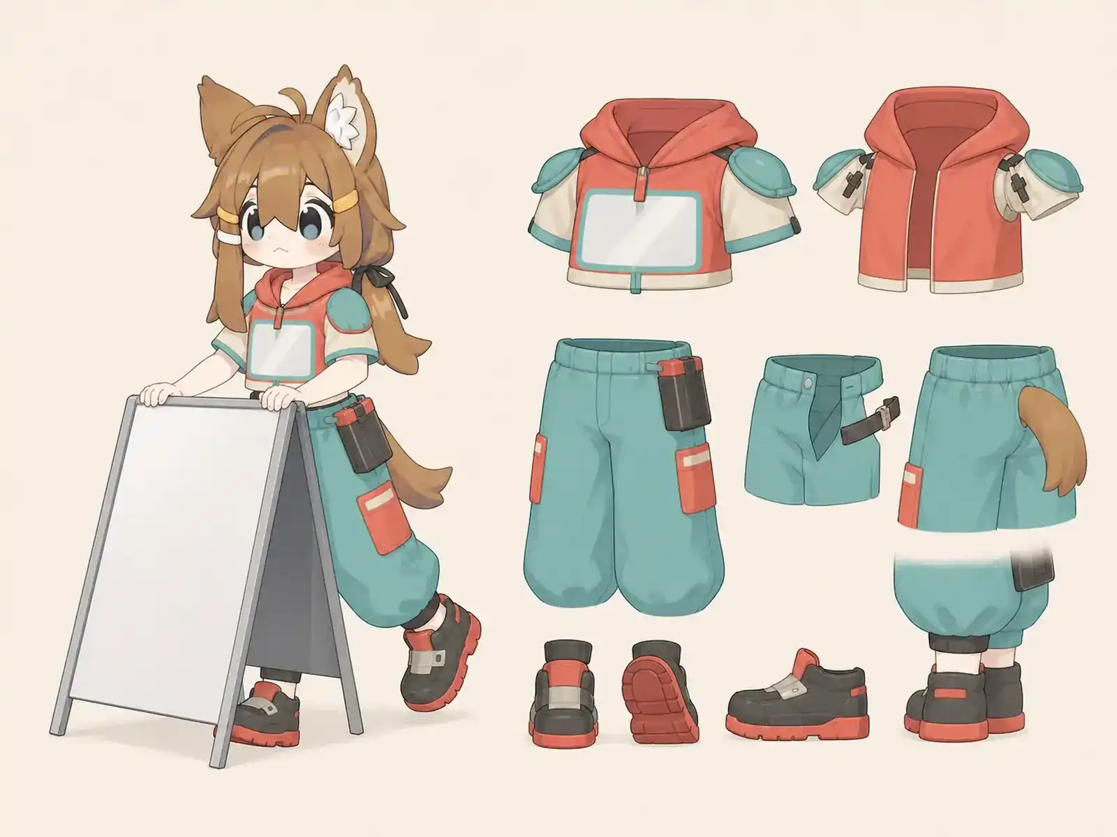 移動遊園地の早朝設営服の衣装設定画。着用全身と首元、腰の留め具、裾・靴・尾口の構造図。