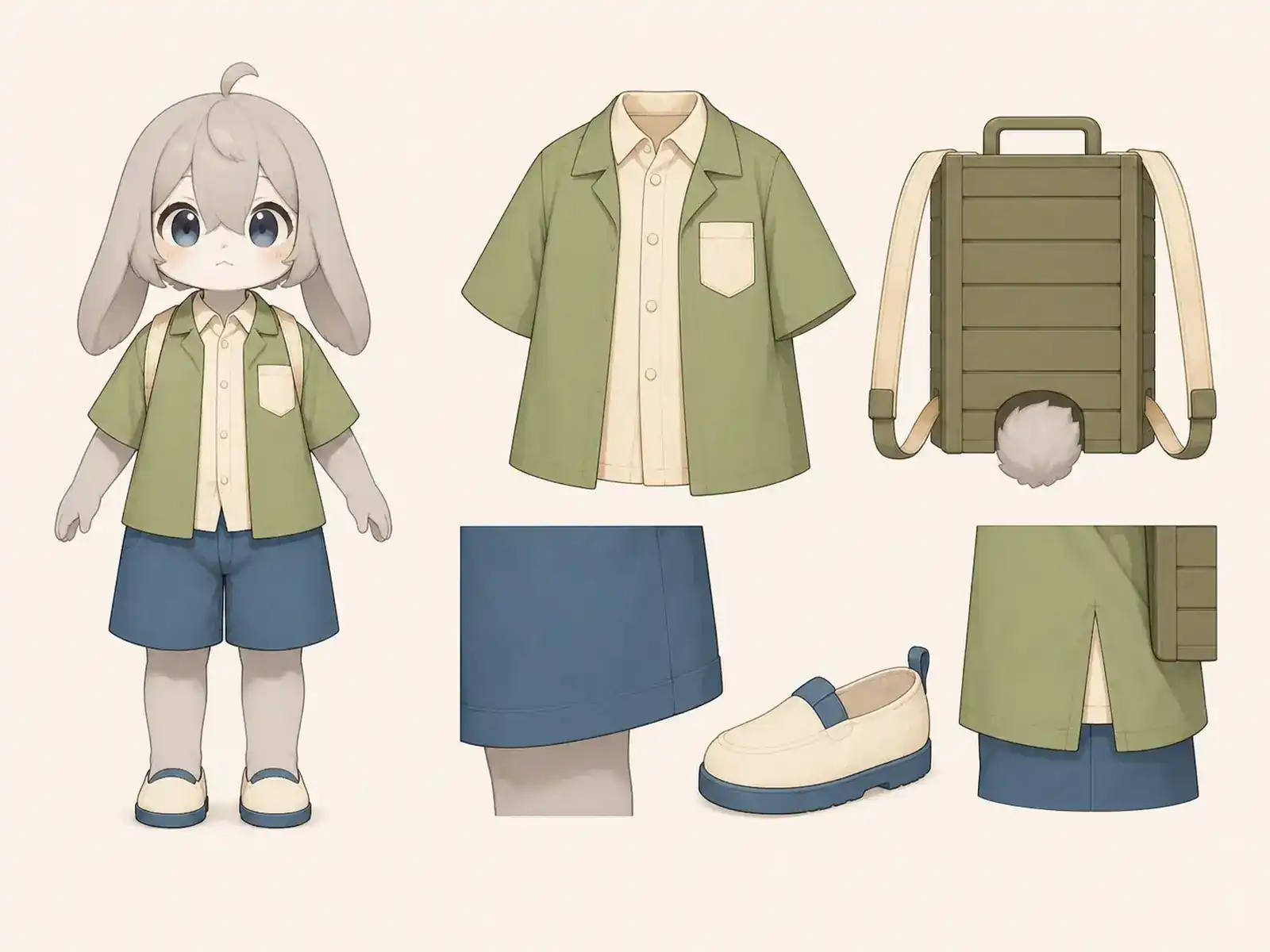 熱帯島図書室ガイド服の衣装設定画。着用全身と首元、腰の留め具、裾・靴・尾口の構造図。