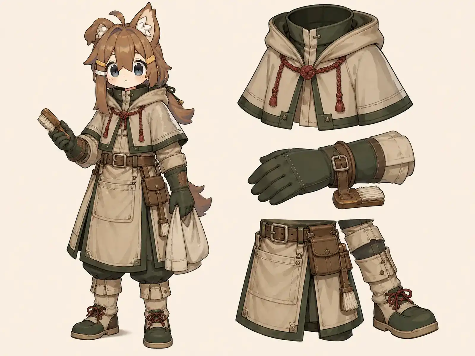 呪布洗浄師 — 非戦闘ギルド名鑑の衣装設定画。着用全身と首元、腰の留め具、裾・靴・尾口の構造図。