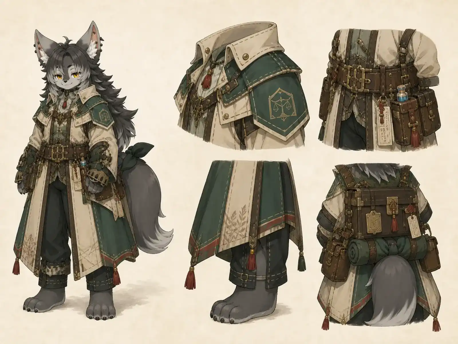 擬態宝箱の鑑定士 — 非戦闘ギルド名鑑の衣装設定画。着用全身と首元、腰の留め具、裾・靴・尾口の構造図。