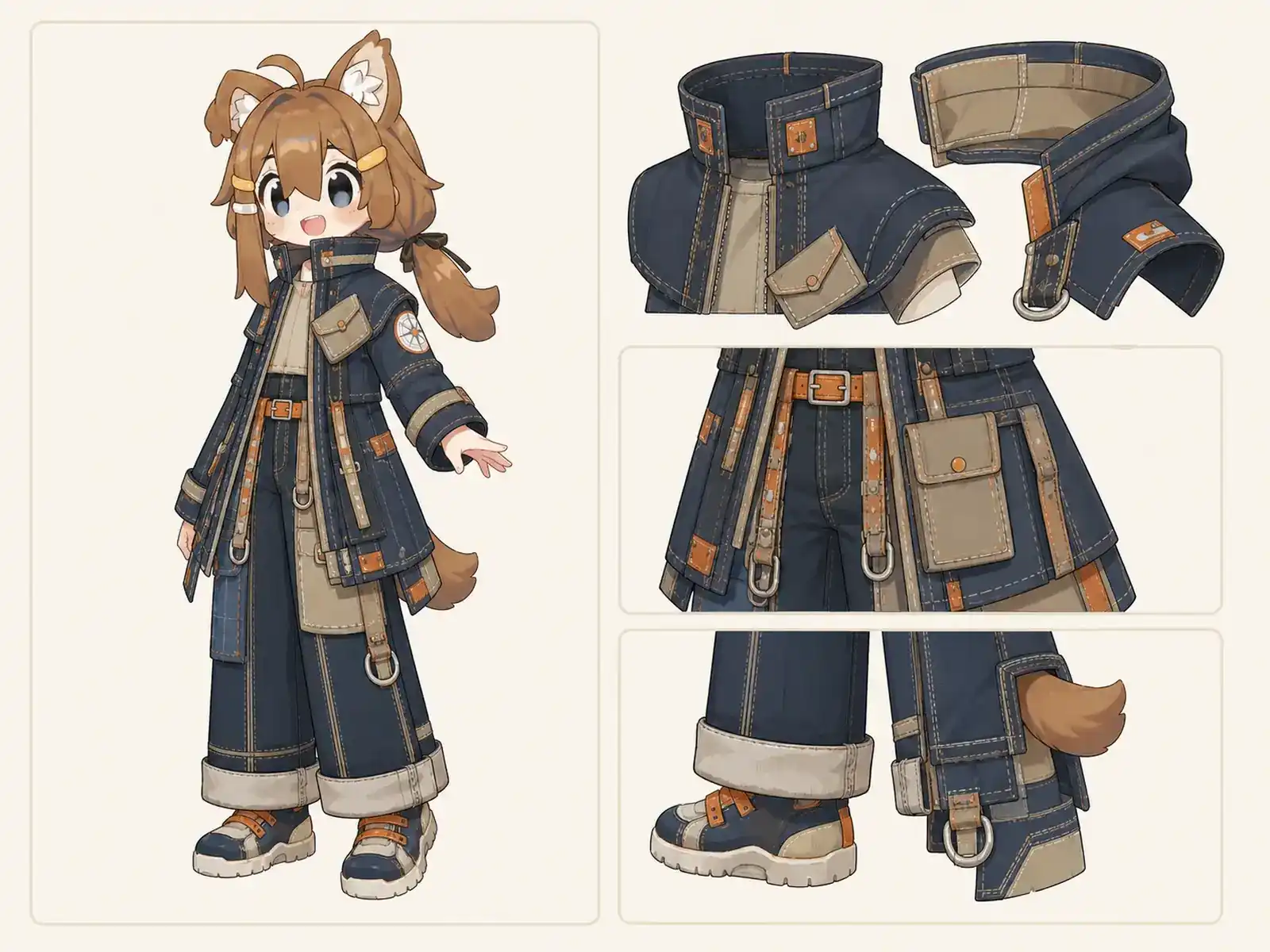 耳端地図のデニム服 — アップサイクル構築室の衣装設定画。着用全身と首元、腰の留め具、裾・靴・尾口の構造図。