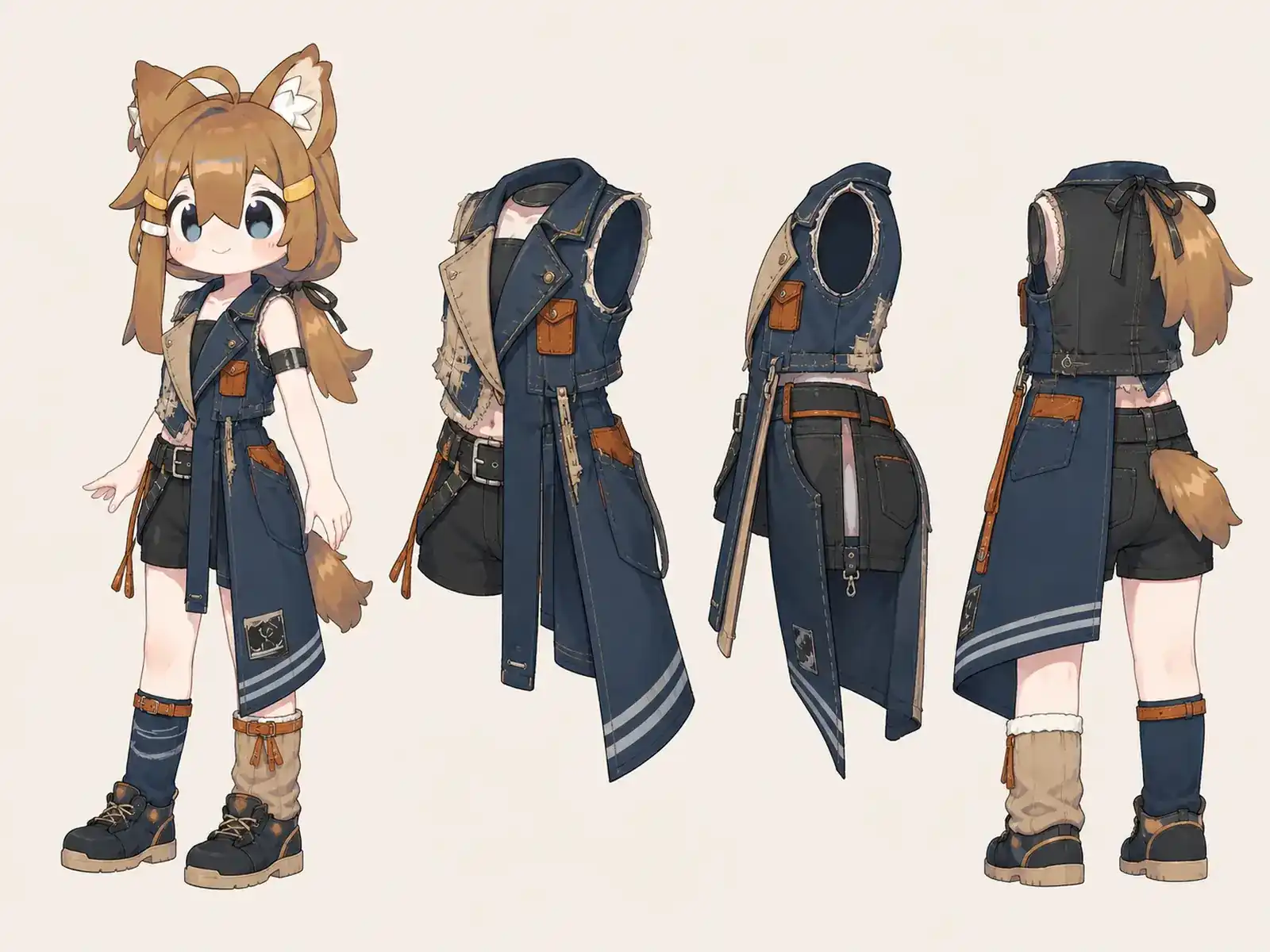 制服端材の非対称セット — アップサイクル構築室の衣装設定画。着用全身と首元、腰の留め具、裾・靴・尾口の構造図。