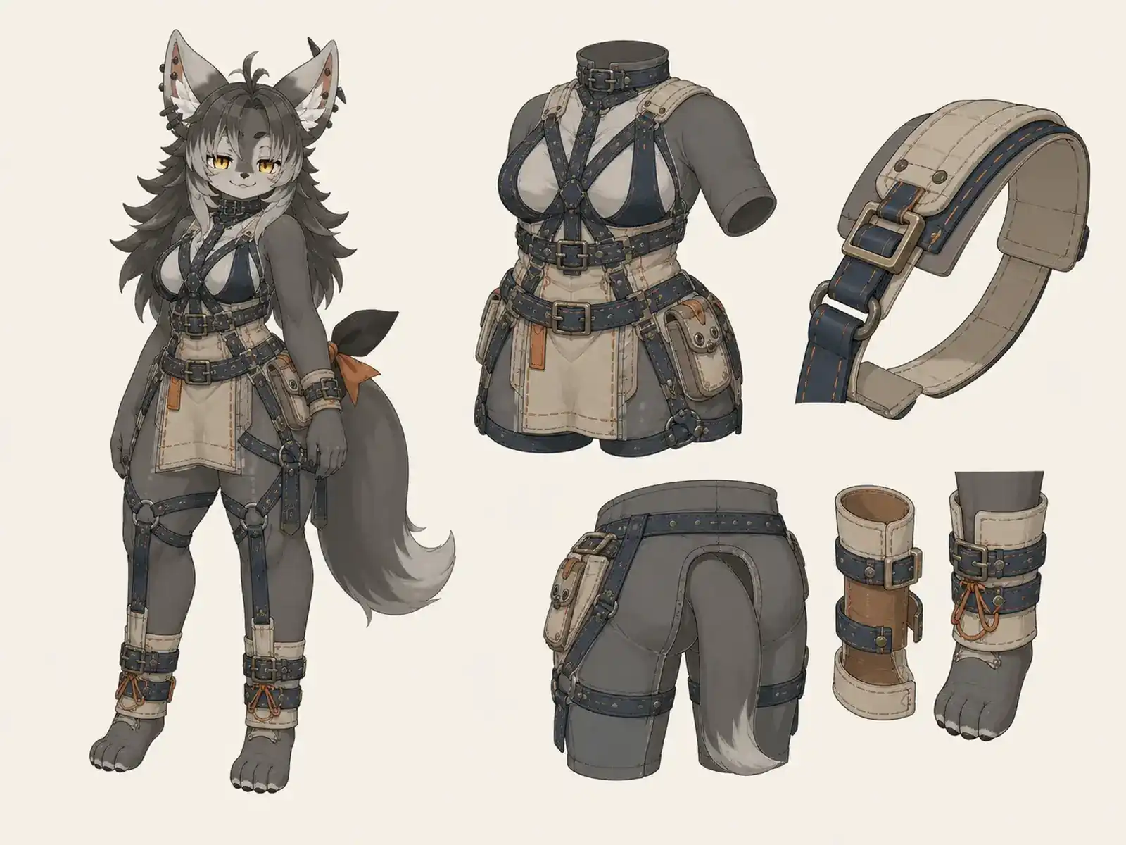 廃シートベルトの線構築服 — アップサイクル構築室の衣装設定画。着用全身と首元、腰の留め具、裾・靴・尾口の構造図。