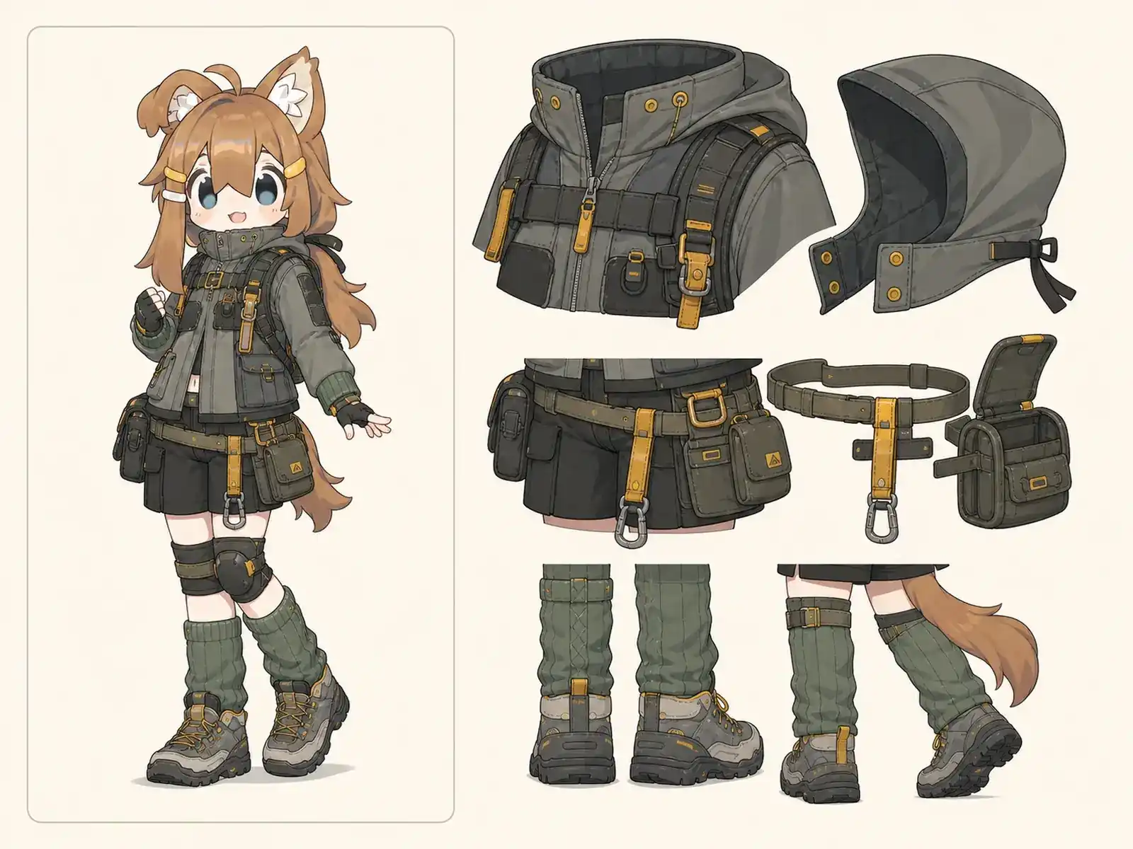 自転車と徒歩の切替服 — 都市登攀ゴープコアの衣装設定画。着用全身と首元、腰の留め具、裾・靴・尾口の構造図。