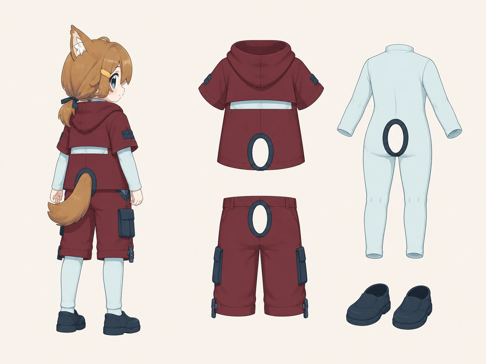 暑熱都市の通気服 — 都市登攀ゴープコアの衣装設定画。着用全身と首元、腰の留め具、裾・靴・尾口の構造図。