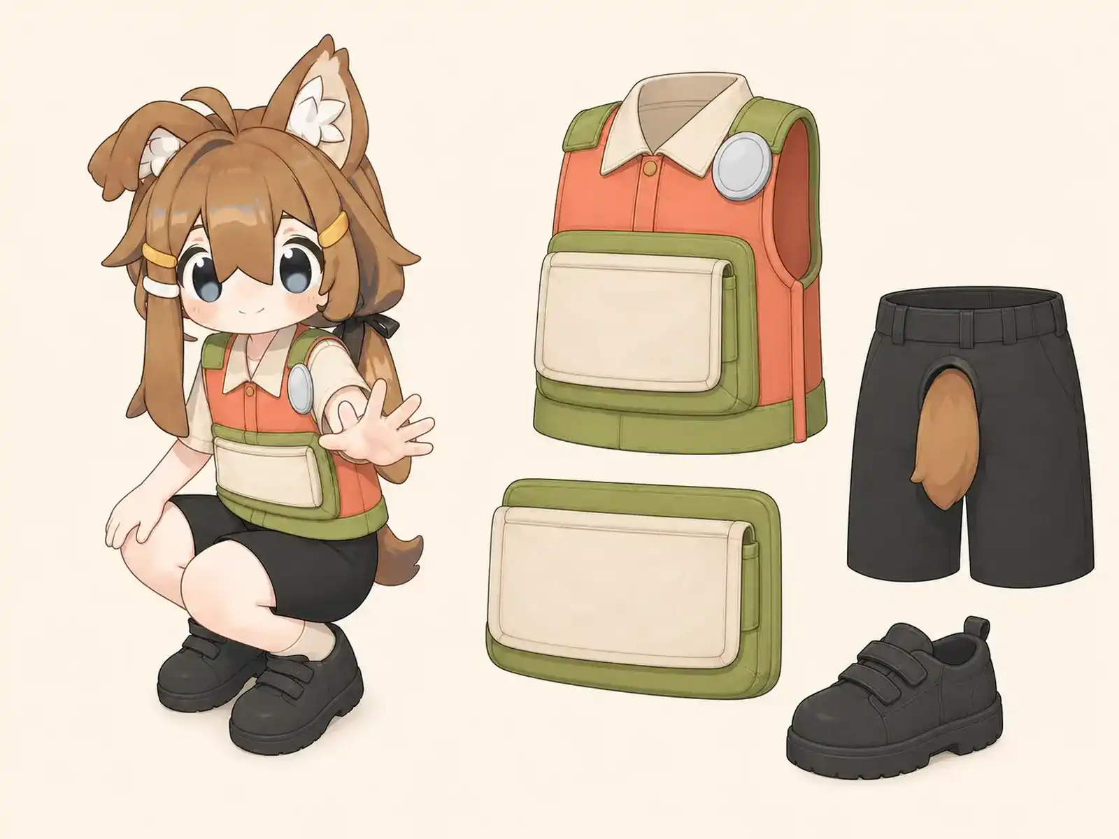 谷間スクールバン添乗員服の衣装設定画。着用全身と首元、腰の留め具、裾・靴・尾口の構造図。