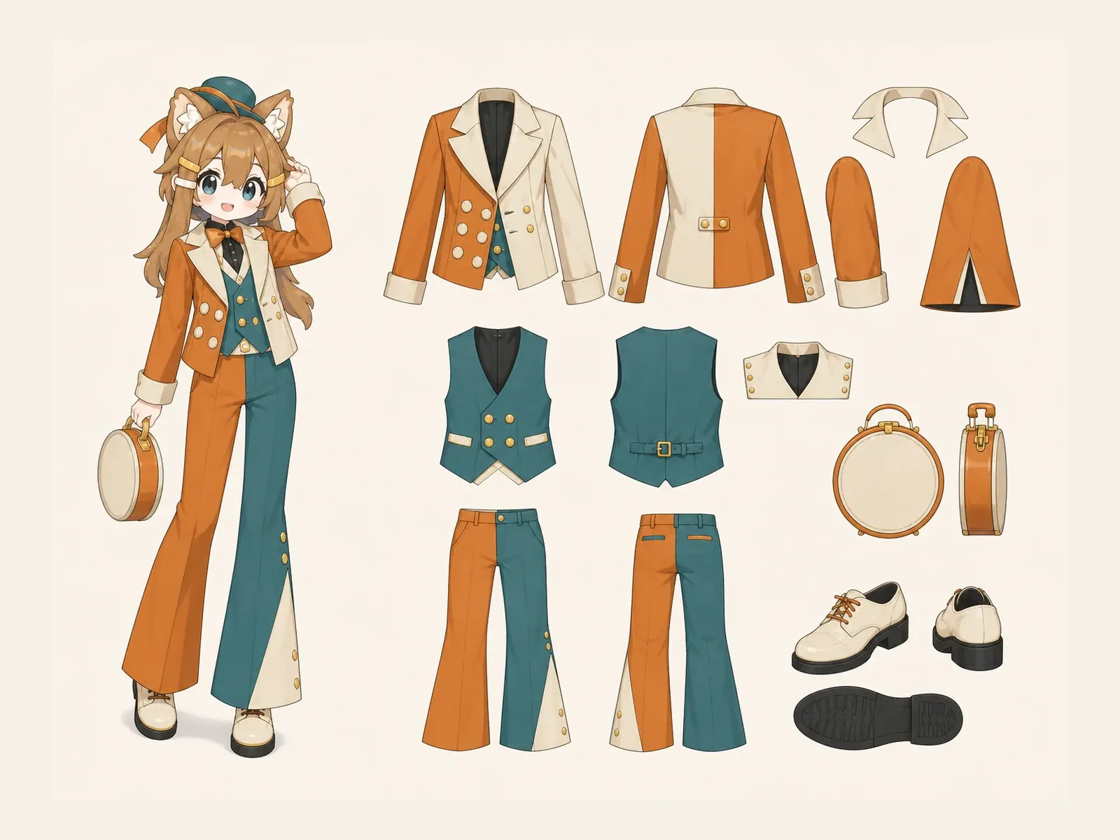 非対称レトロショー服の衣装設定画。着用全身と衣装部品の構造を示す独立設定画。
