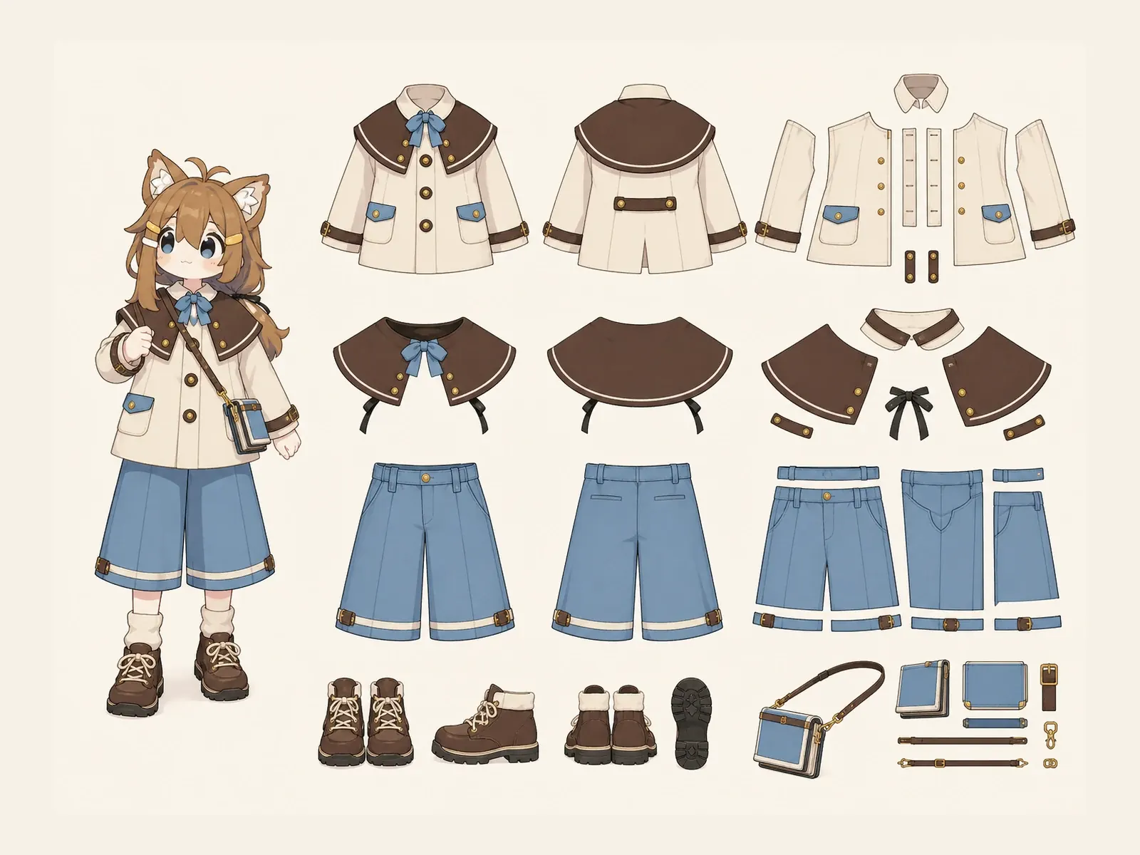 レトロ鉄道ワイド旅行服の衣装設定画。着用全身と衣装部品の構造を示す独立設定画。