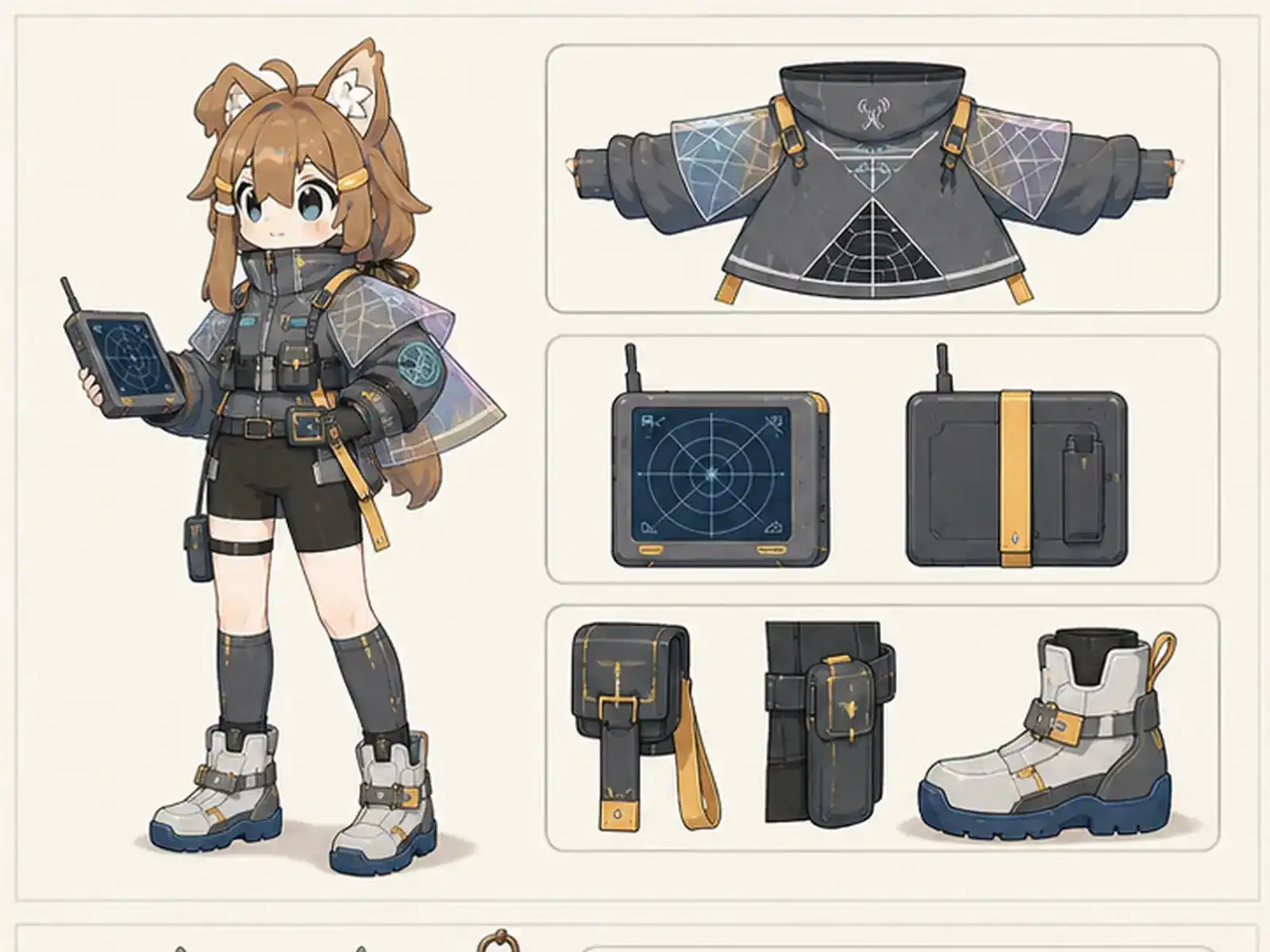 極光レーダー担当 — 極端気象観測隊の衣装設定画。着用全身と首元、腰の留め具、裾・靴・尾口の構造図。