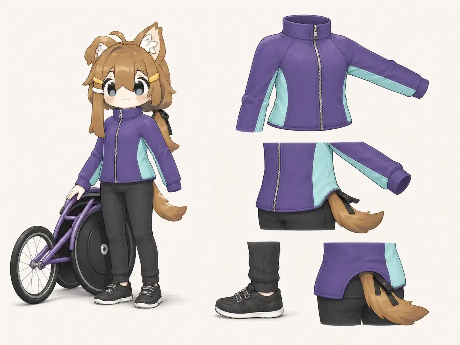 車いすレーサーのウォームアップ服の衣装設定画。着用全身と首元、腰の留め具、裾・靴・尾口の構造図。