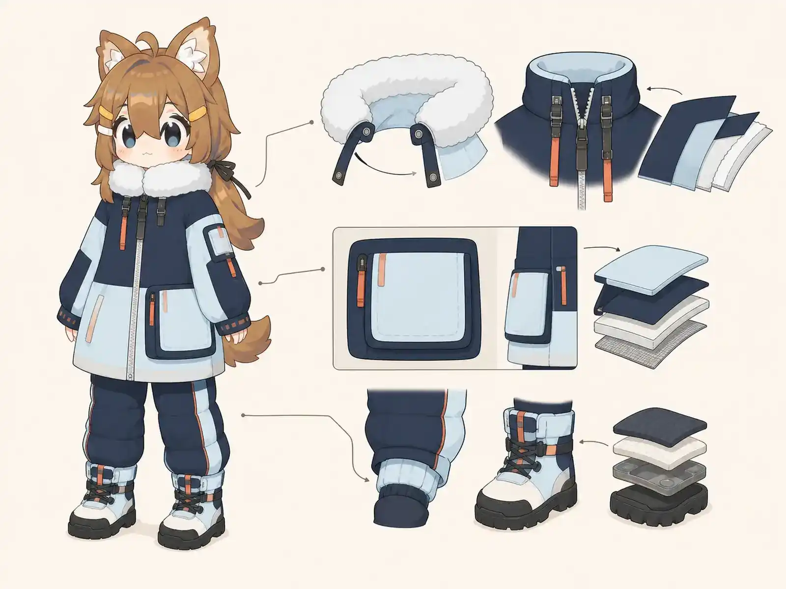 冬季パラトランジット配車服の衣装設定画。着用全身と首元、腰の留め具、裾・靴・尾口の構造図。