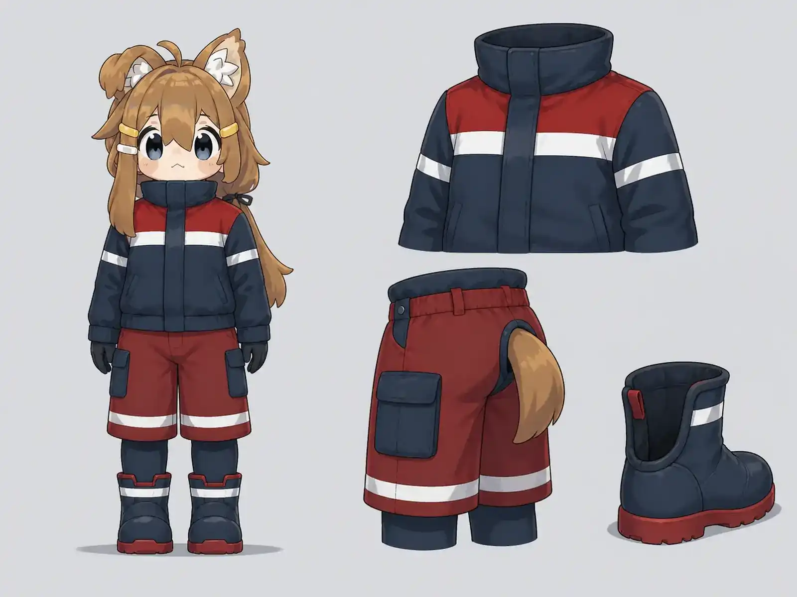 冬季鉄道信号所の保守服の衣装設定画。着用全身と首元、腰の留め具、裾・靴・尾口の構造図。